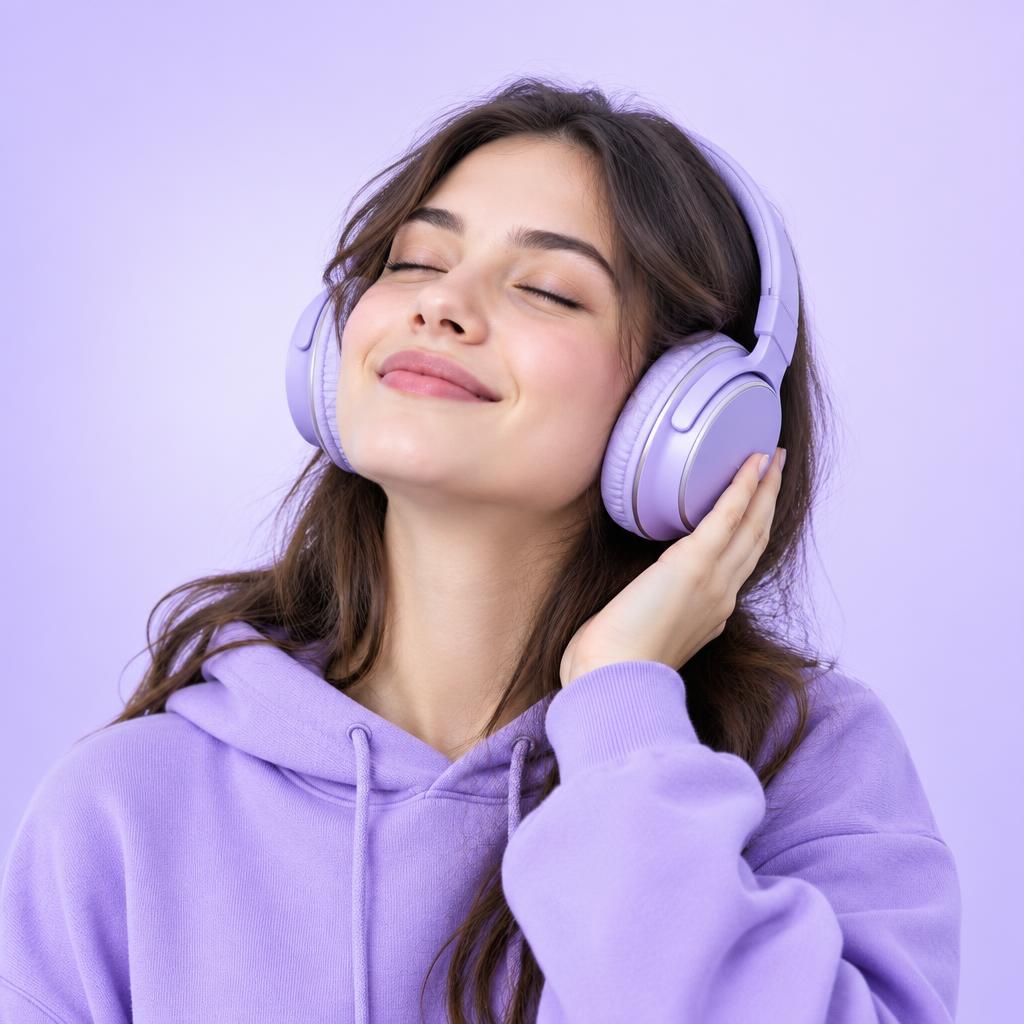 Woman listening to music with premium headphones